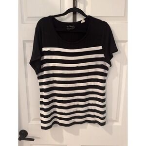 Chico's Black/Ecru Tiered Stripe Short‎ Sleeve Top Size 3 (16-18) XL Raw Edge